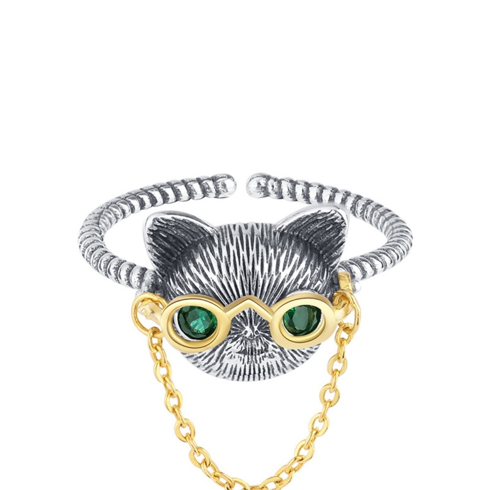 Cat Ring with Green Eyes and Gold Chain